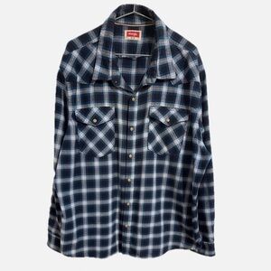 Wrangler heavy flannel western shirt with pearl snap buttons.